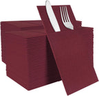 Burgundy Disposable Napkins with Built-in Flatware Pocket, Linen Feel Prefolded Dinner Napkins for Evening Parties, Weddings, Christmas, Cloth Like Paper Napkins, 100Pack
