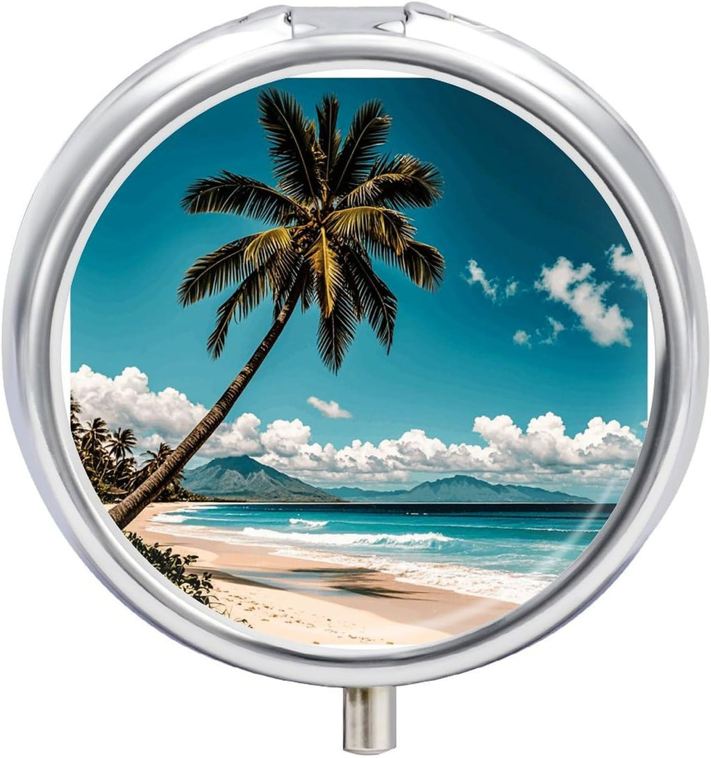 Palm Tree Hawaii Beach Medicine Pill Case, 3 Compartment Round Pill Box, Portable Decorative Medicine Organizer for Pocket Or Purse Vitamin Organize
