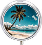Palm Tree Hawaii Beach Medicine Pill Case, 3 Compartment Round Pill Box, Portable Decorative Medicine Organizer for Pocket Or Purse Vitamin Organize