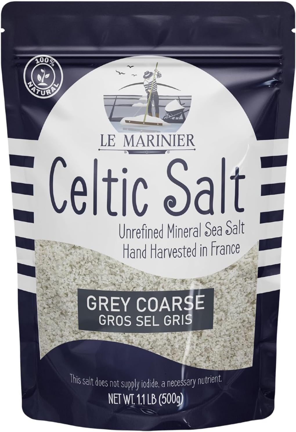 Le Marinier Celtic Salt Organic Grey Coarse, 1.1lb - 18oz. Mineral Rich 100% Natural and Unrefined French Sea Salt Organic. Hand Harvested Mineral Sea Salt, Sel Gris (1.1lb Grey Coarse)