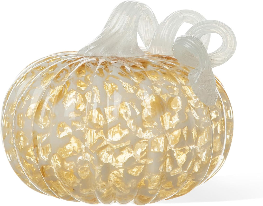 Glitzhome Hand Blown Glass Pumpkin Decor 5" Amber - Artisan Fall Harvest Thanksgiving Table Centerpiece Halloween Home Decor
