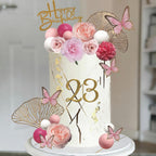 35pcs Flower Cake Toppers Butterfly Cake Decorations Happy Birthday Cake Toppers with Artificial Rose Flowers Gold Ginkgo Leaves for Birthday Wedding Supplies