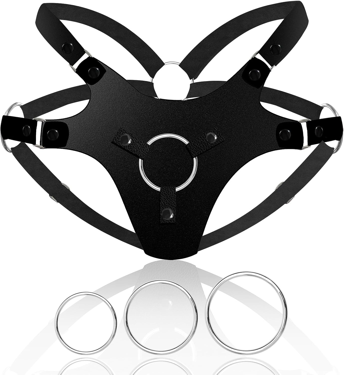 Strap On Harness Wearable Panties for Women and Men, Adjustable Plus Size Strapon Dildo Harness with Leather and Plush Lining, with 3 Interchangeable Metal O-Rings for Lesbian Gay Couples Pegging