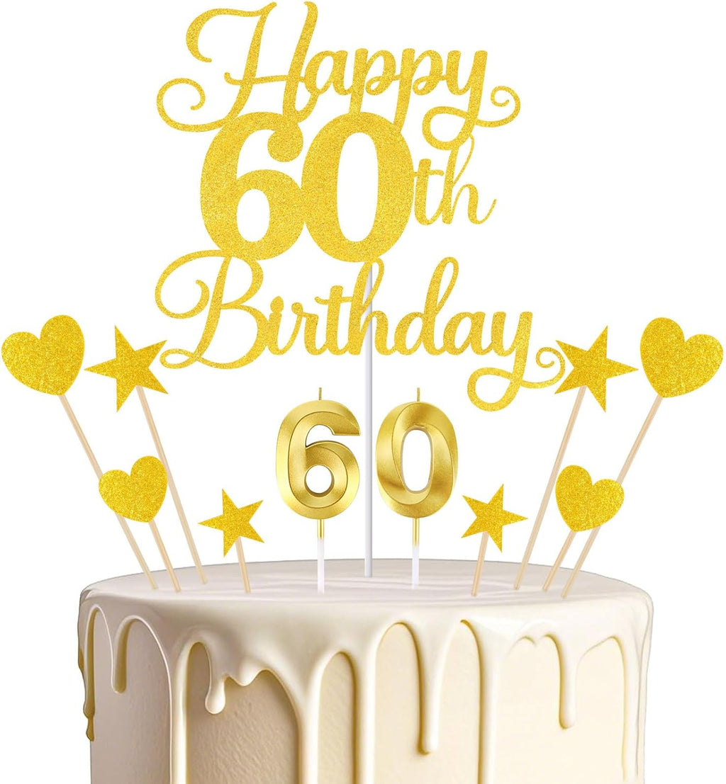 Happy 60th Birthday Cake Topper for 60th Birthday Decorations Numeral 60 Candle with Glitter Heart Cupcake Picks Set for Men Women Hello 60 Birthday Anniversary Party Cake Decor Supplies（GOLD）
