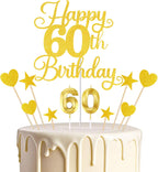 Happy 60th Birthday Cake Topper for 60th Birthday Decorations Numeral 60 Candle with Glitter Heart Cupcake Picks Set for Men Women Hello 60 Birthday Anniversary Party Cake Decor Supplies（GOLD）