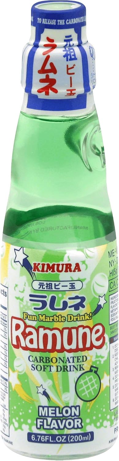 Kimura Ramune Japanese Carbonated Soft Drink Melon Flavor 6.76 Fl Oz | Case of 18