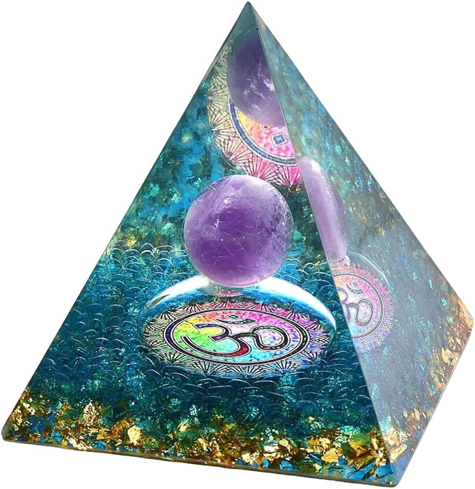Handmade Amethyst Orgonite Pyramid 60mm with Blue Quartz Natural Crystal Stone Orgone Energy Pyramide
