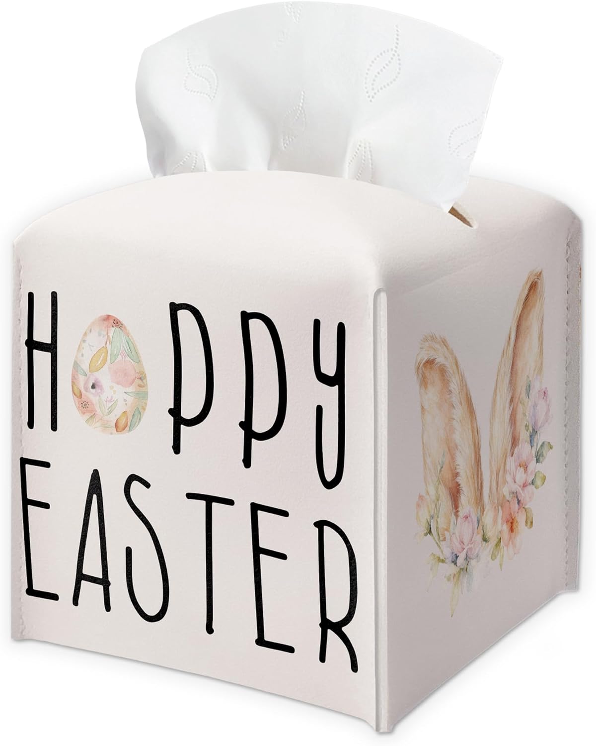 Happy Easter PU Leather Tissue Box Cover - Cute Bunny Ears Decorative Tissue Holder - Festival Waterproof Dispenser Box - Facial Paper Organizer Home Decor for Living Room, Bathroom, Office - A07