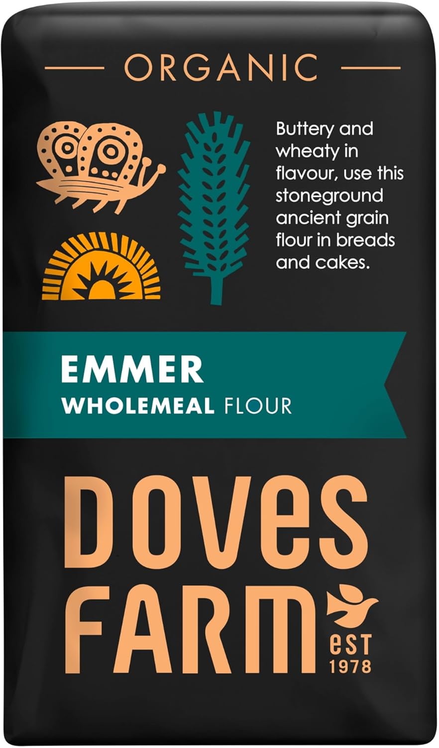 Doves Farm Organic Stoneground Wholemeal Emmer Flour 2.2 lb (1 kg) - High Protein Ancient Grain Emmer Whole Wheat, British Baking Flour for Breads & Cakes, Kosher & Vegan, Imported from UK