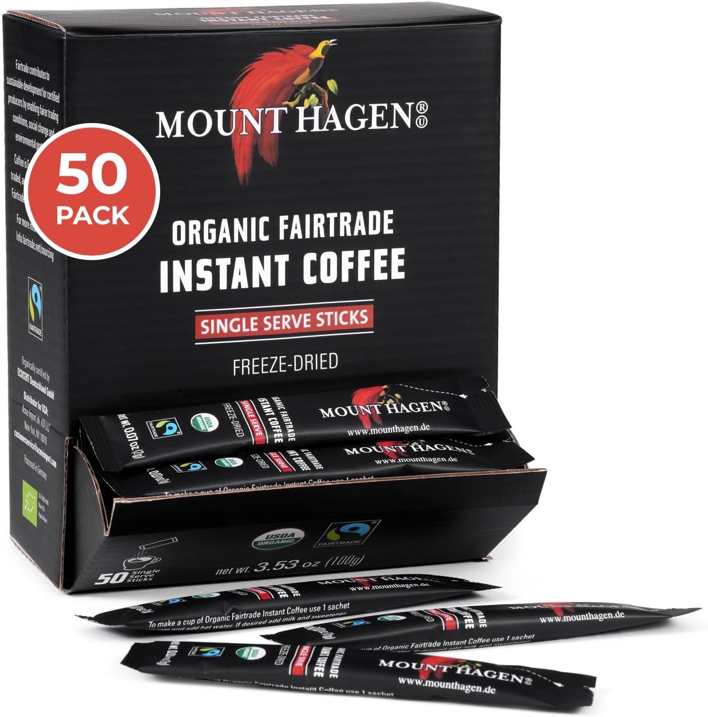 Mount Hagen Dispenser Box – 50 Count Organic Instant Coffee Packets Single Serve, Medium Roast Eco-friendly, Fair-Trade, Freeze-dried Arabica Beans [50 sticks/3.53oz/100g]