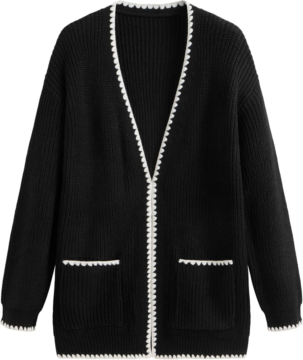 CIDER Knit V-Neck Solid Contrasting Binding Cardigan
