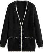 CIDER Knit V-Neck Solid Contrasting Binding Cardigan