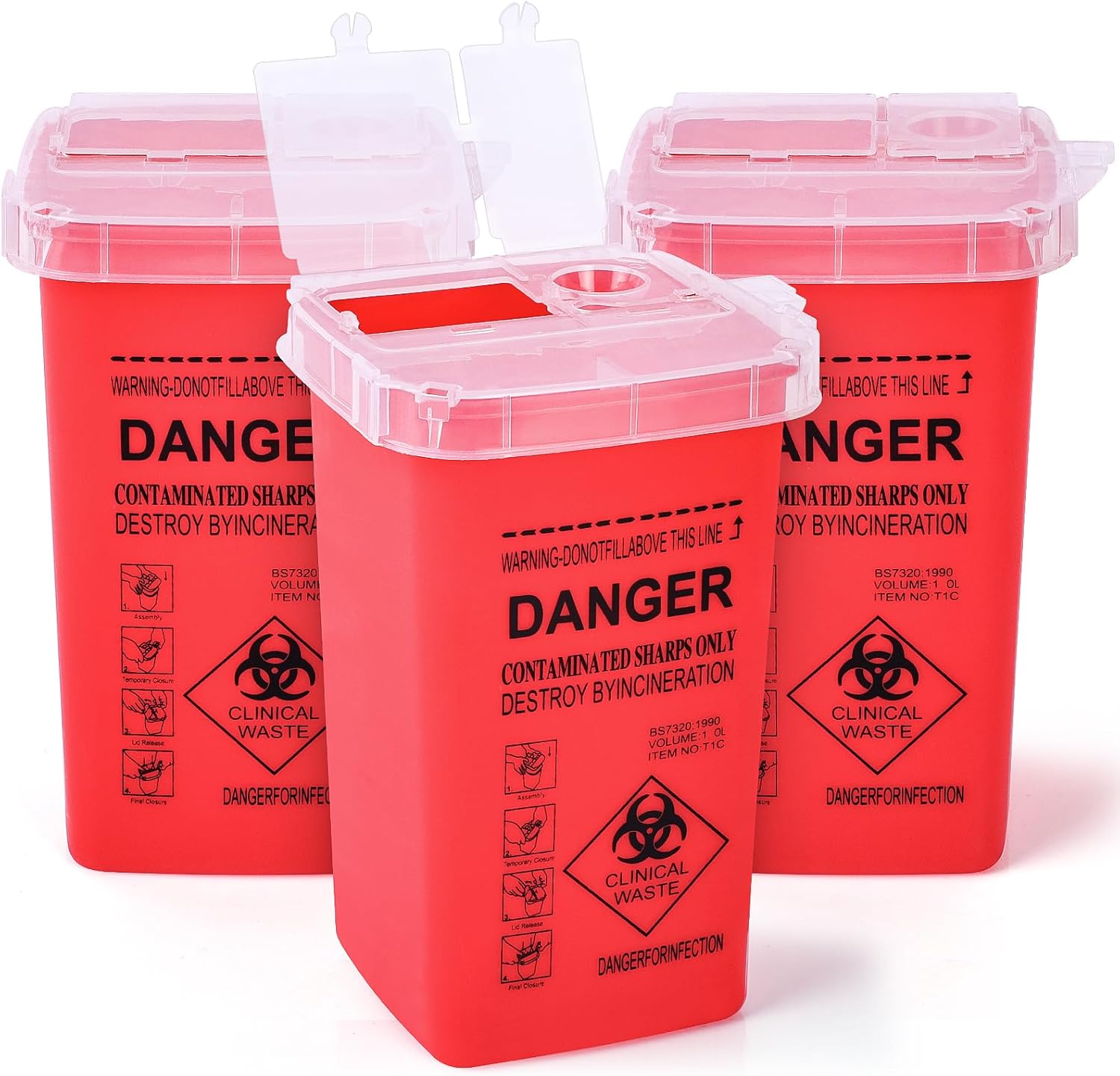 1 Quart (3-Pack) Sharps Container for Home Use, Needle Disposal Containers, Biohazard Containers, Syringe Disposal, Small Portable Container for Travel, Professional Sharp Waste Disposal
