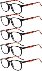 Eyekepper 5-Pack Spring Hinges 80's Classic Reading Glasses Black Frame Tortoise Arm +3.50