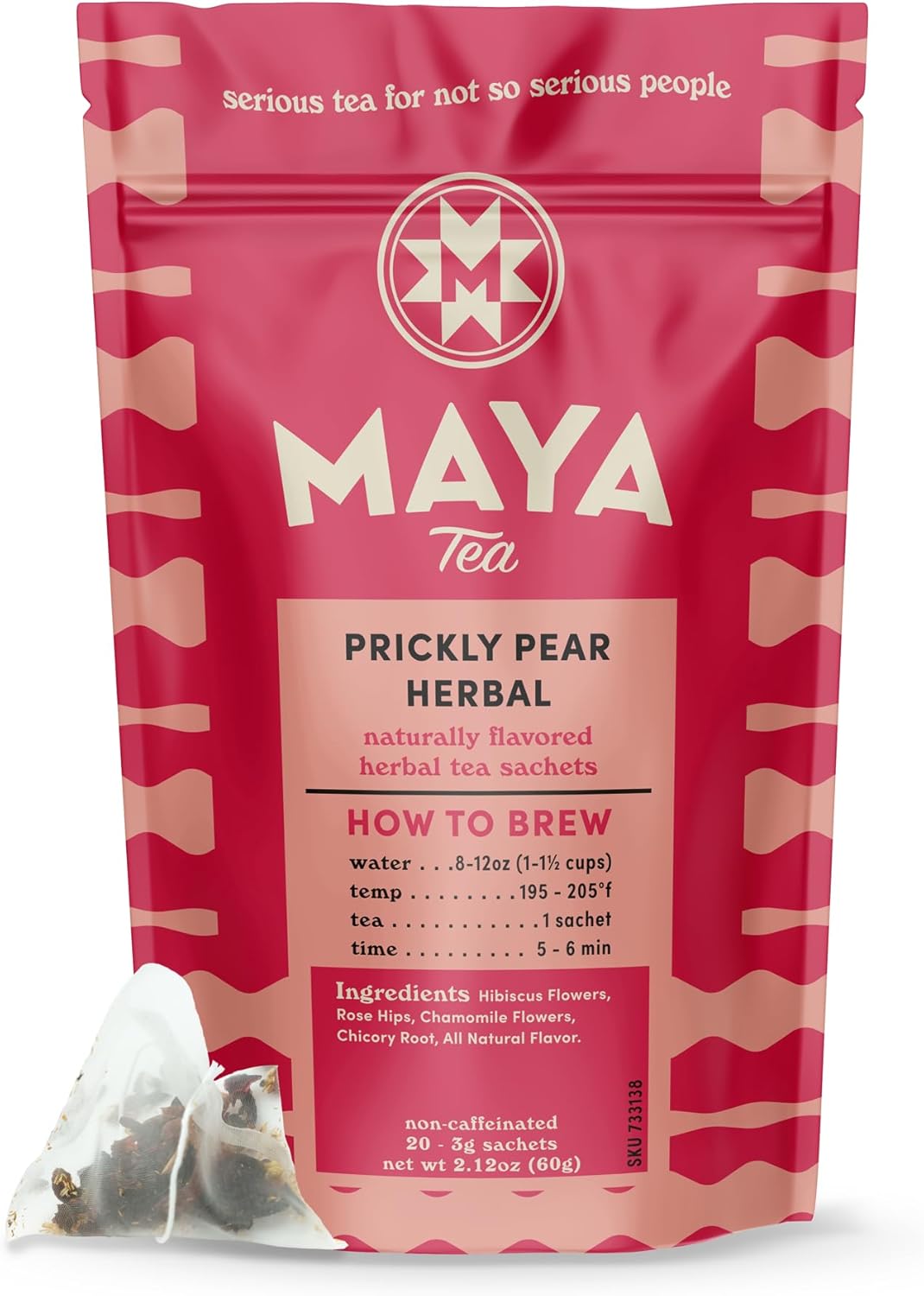 Maya Tea Prickly Pear Natural Flavor Herbal Tea Sachets, No Caffeine, Hibiscus & Chamomile Flowers with Rose Hip & Chicory Root, Pack of 20