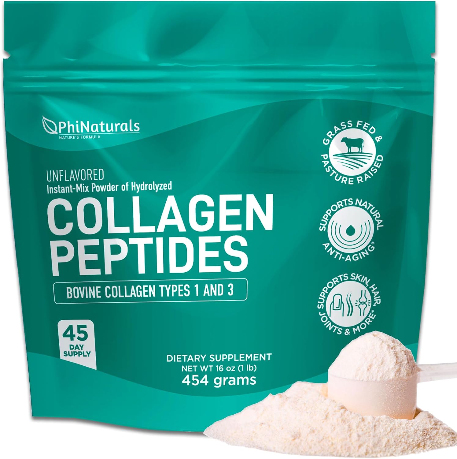Collagen Peptides Protein Powder Instant-Mix [Unflavored] Hydrolyzed Collagen Supplement – from Pasture-Raised Grass-Fed Bovine Beef Non-GMO Keto & Paleo Friendly Anti-Aging Supplements PhiNaturals