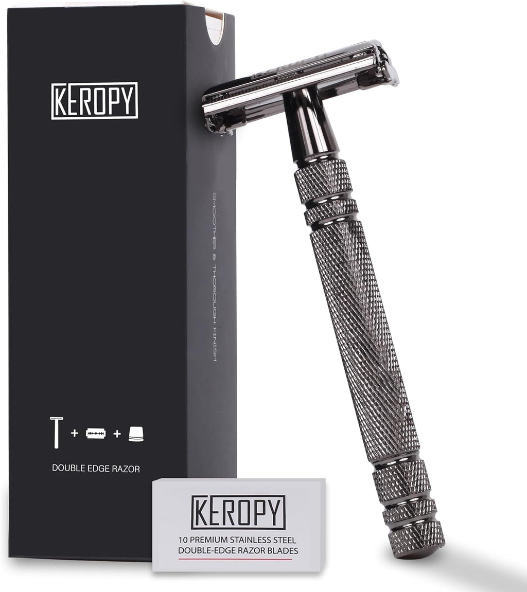 Double Edge Safety Razor with 10 Disposable Blades, Butterfly Open Head Features - Washable Reusable Metal Razor, Ergonomic Design Portable Shaving Kit for Beard Shape Up - Gloss Black
