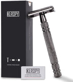 Double Edge Safety Razor with 10 Disposable Blades, Butterfly Open Head Features - Washable Reusable Metal Razor, Ergonomic Design Portable Shaving Kit for Beard Shape Up - Gloss Black