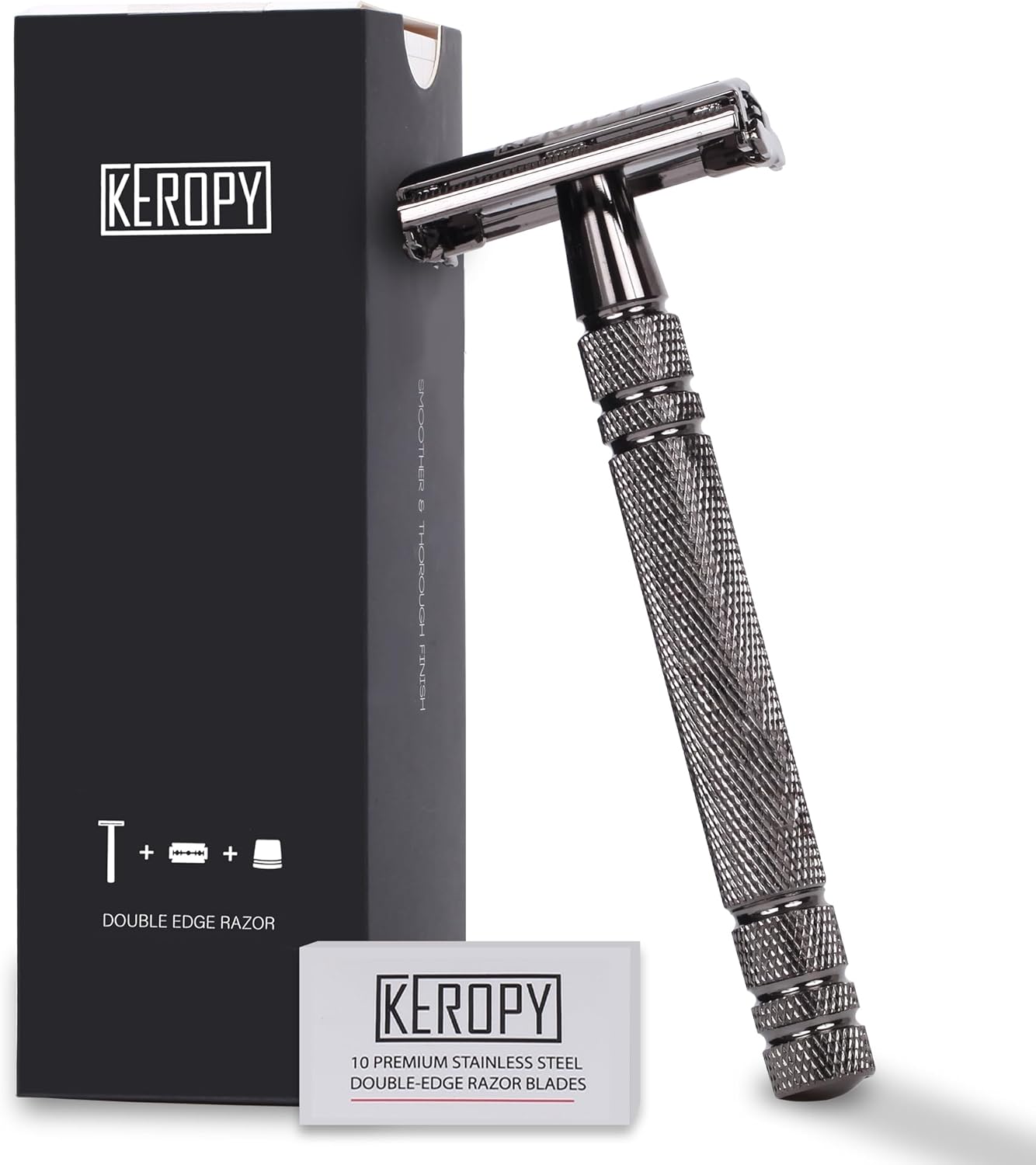 Double Edge Safety Razor with 10 Disposable Blades, Butterfly Open Head Features - Washable Reusable Metal Razor, Ergonomic Design Portable Shaving Kit for Beard Shape Up - Gloss Black