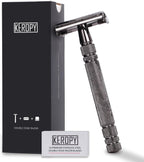 Double Edge Safety Razor for Men with 10 Disposable Blades, Butterfly Open Head Features - Washable Reusable Metal Razor, Ergonomic Design Portable Shaving Kit for Beard Shape Up - Gloss Black
