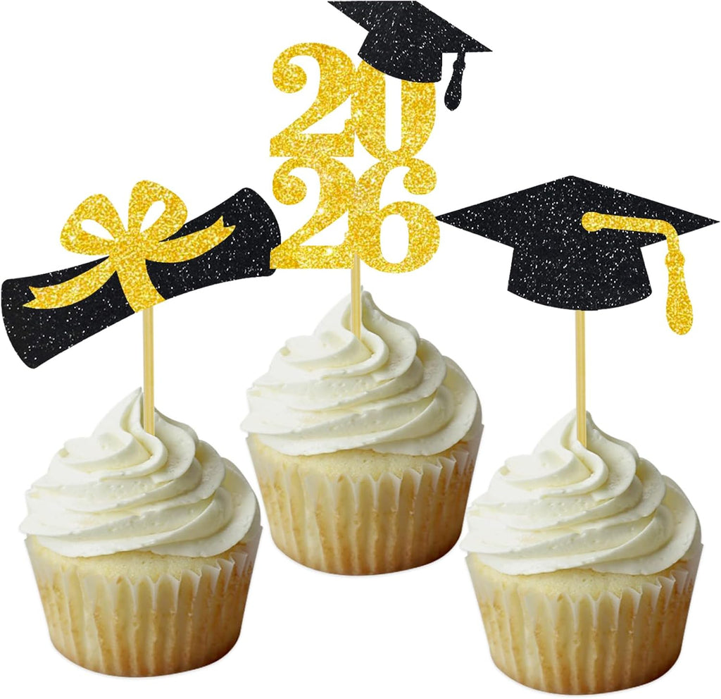 Graduation Cupcake Toppers Grad Party Decoration Food Picks Congrats Glitter Diploma Cap School Colors Supplies 24 PCS Gold Black