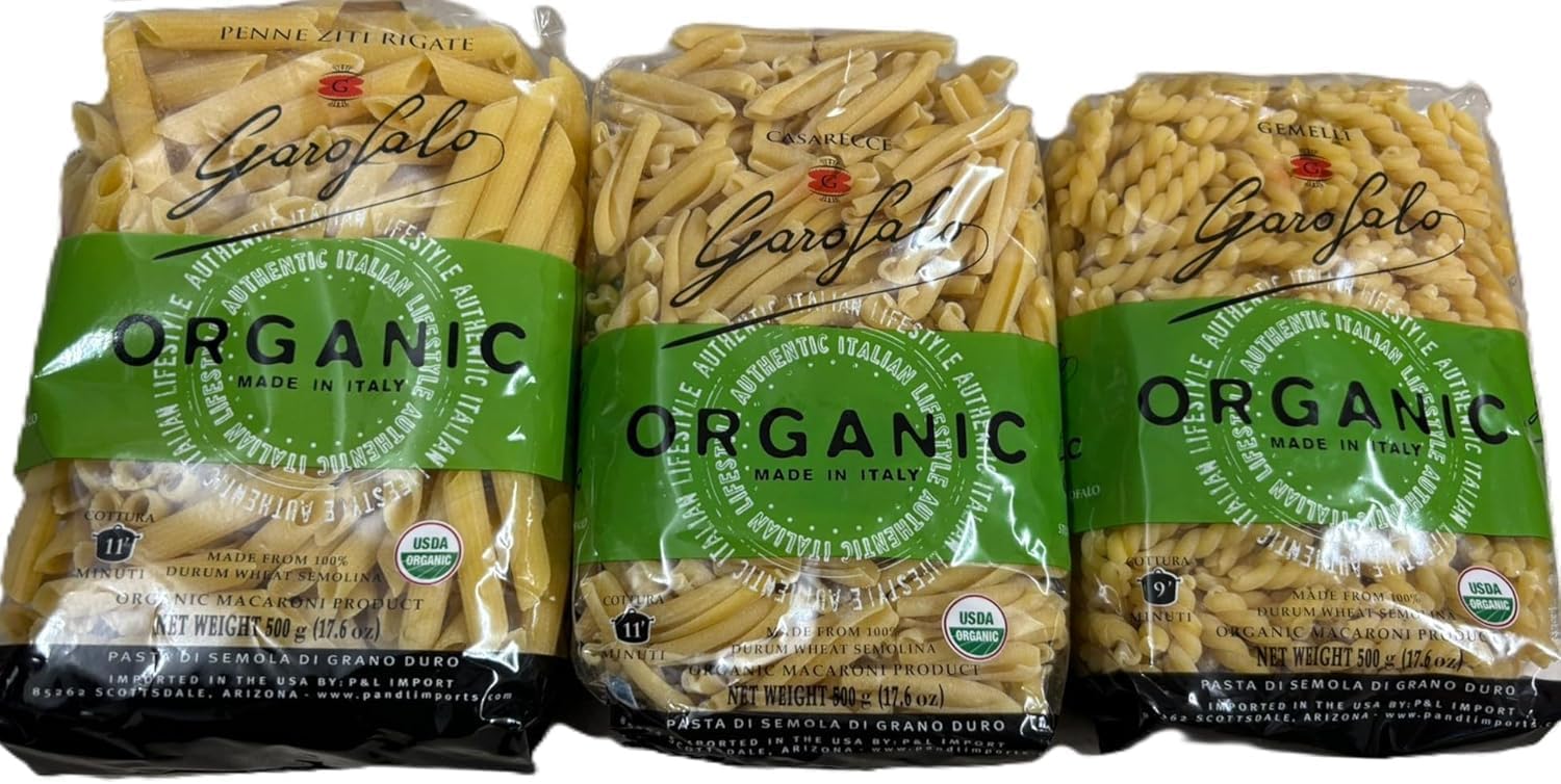 Garofalo Organic Pasta, Variety Pack, Gemelli/Twins, Casarecce/Penne Ziti Rigate 17.6 oz, 6-count