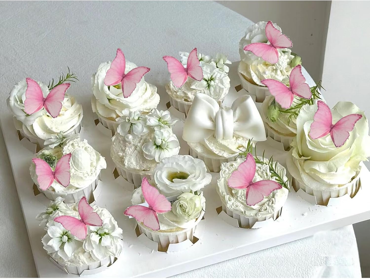 Weraru 48Pcs Edible Wafer Paper Butterflies Cupcake Topper Pink Cake Decorations