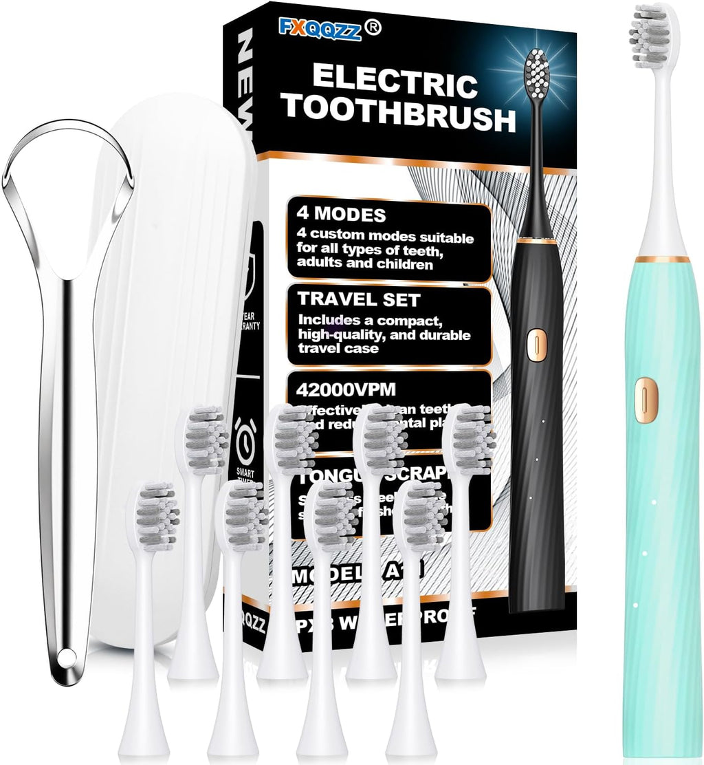 FXQQZZ Electric Toothbrush for Adults and Kids, with Tongue Scraper and Travel Case, 8 Brush Head, Smart Timer & 4 Modes Rechargeable Toothbrush, 42000 VPM Deep Clean, One Charge Last 90 Days -Blue