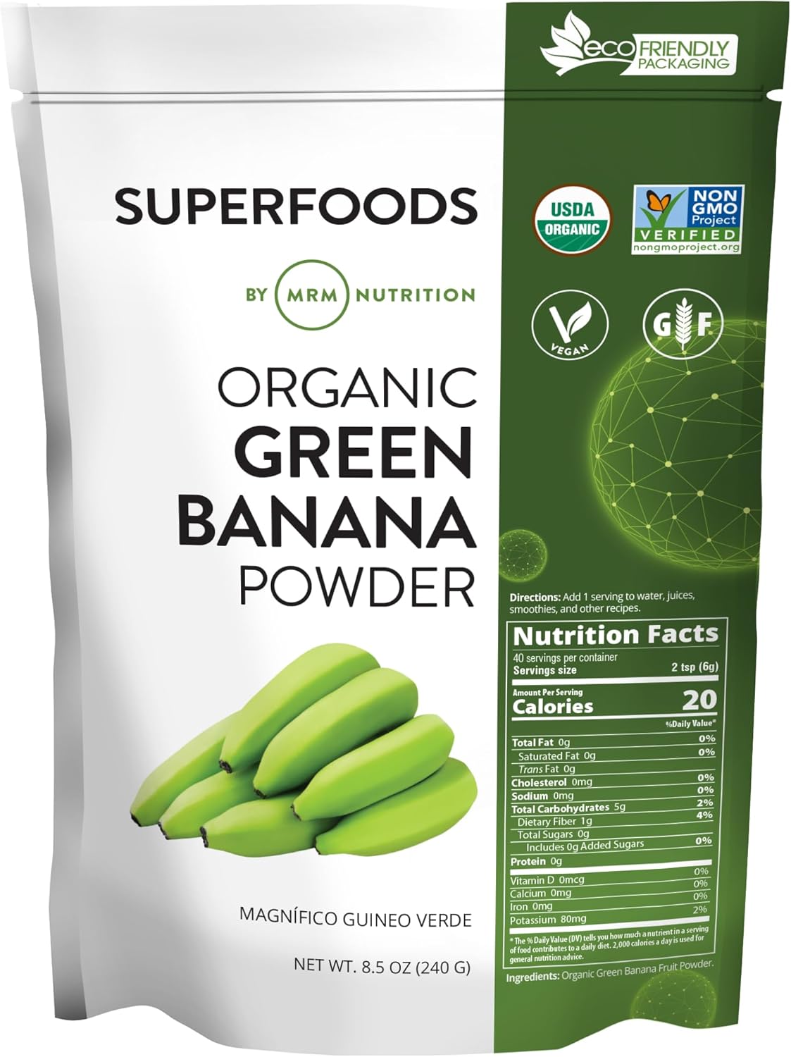 MRM Nutrition Organic Green Banana Powder | Superfoods | High-Fiber | Flour Alternative | Prebiotic Fiber | 40 Servings
