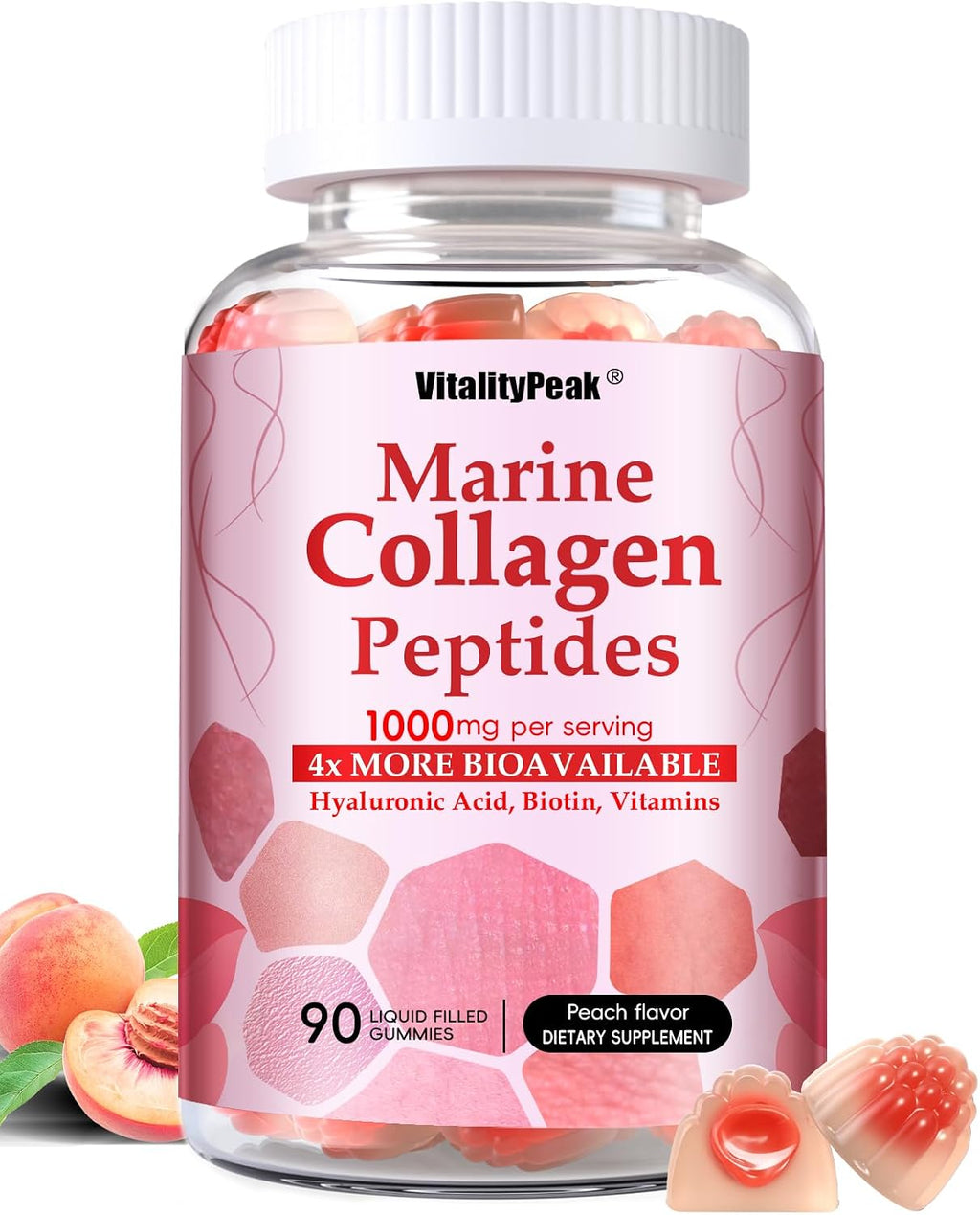 Marine Collagen Gummies for Women- Hydrolyzed Collagen Peptides 1000mg with Biotin,Vitamin C, E, Hyaluronic Acid- Collagen Supplement for Healthy Skin Hair Nails- Sugar Free, 90 Counts