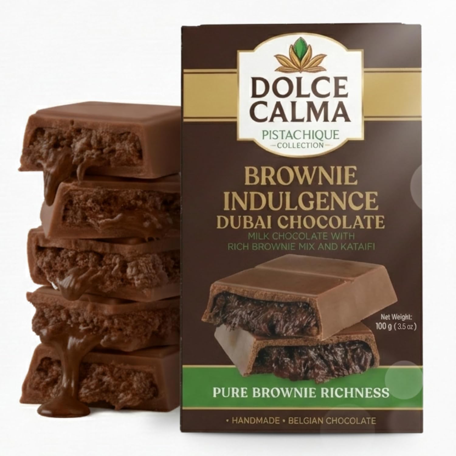 Dolce Calma Viral Dubai Brownie Chocolate Bar (100g / 3.5oz) – Authentic Handmade Belgian Chocolate with Turkish Pistachio & Crispy Kataifi, Premium Quality Luxury Cream Kunafa Filling, No Palm Oil
