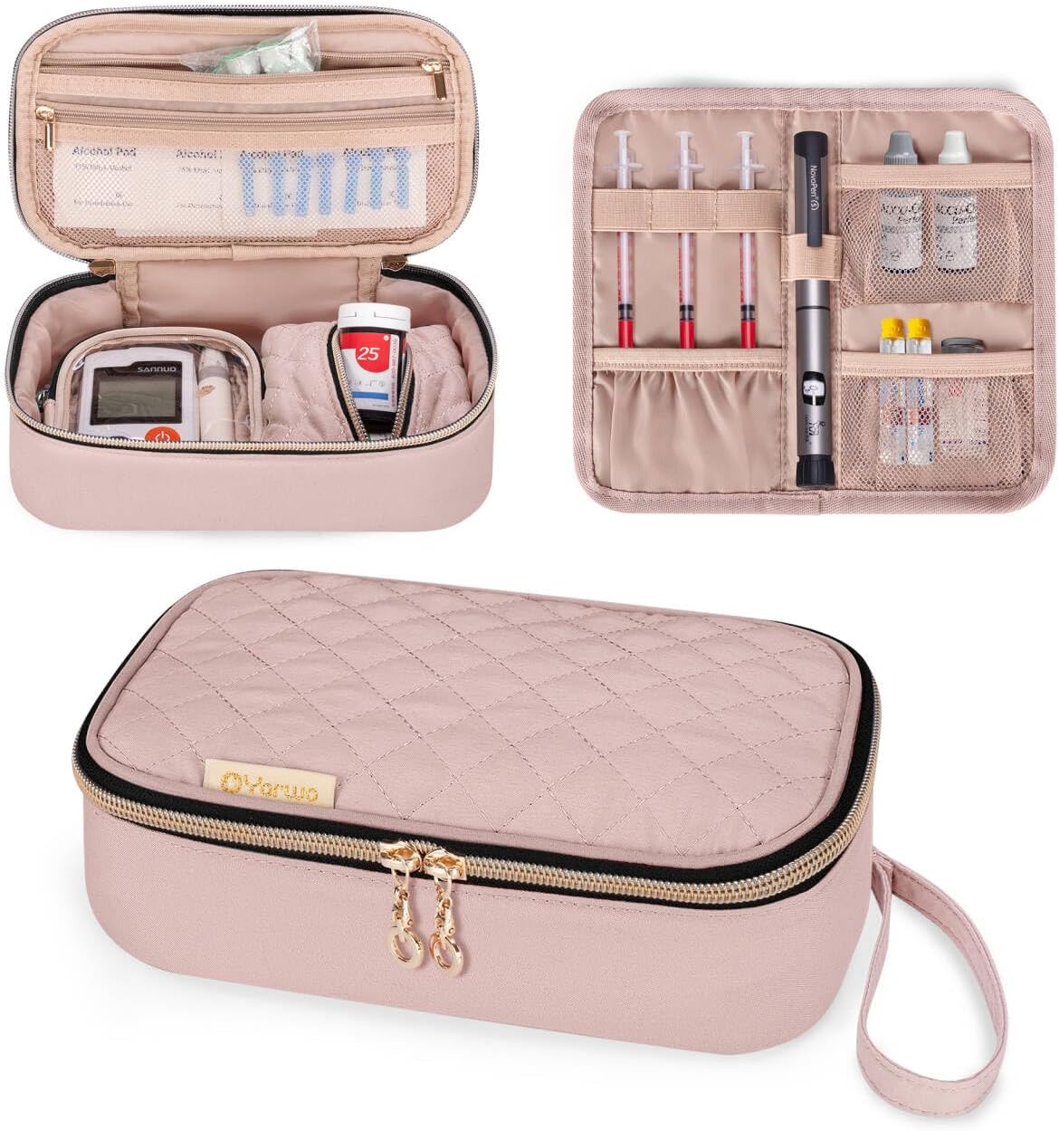 YARWO Diabetic Travel Case for Blood Glucose Monitor, Test Strips, Insulin Syringes, Diabetes Supplies Storage Bag with 2 Detachable and 1 Folding Pouches for Diabetic Care Kits, Dusty Rose (Bag Only)
