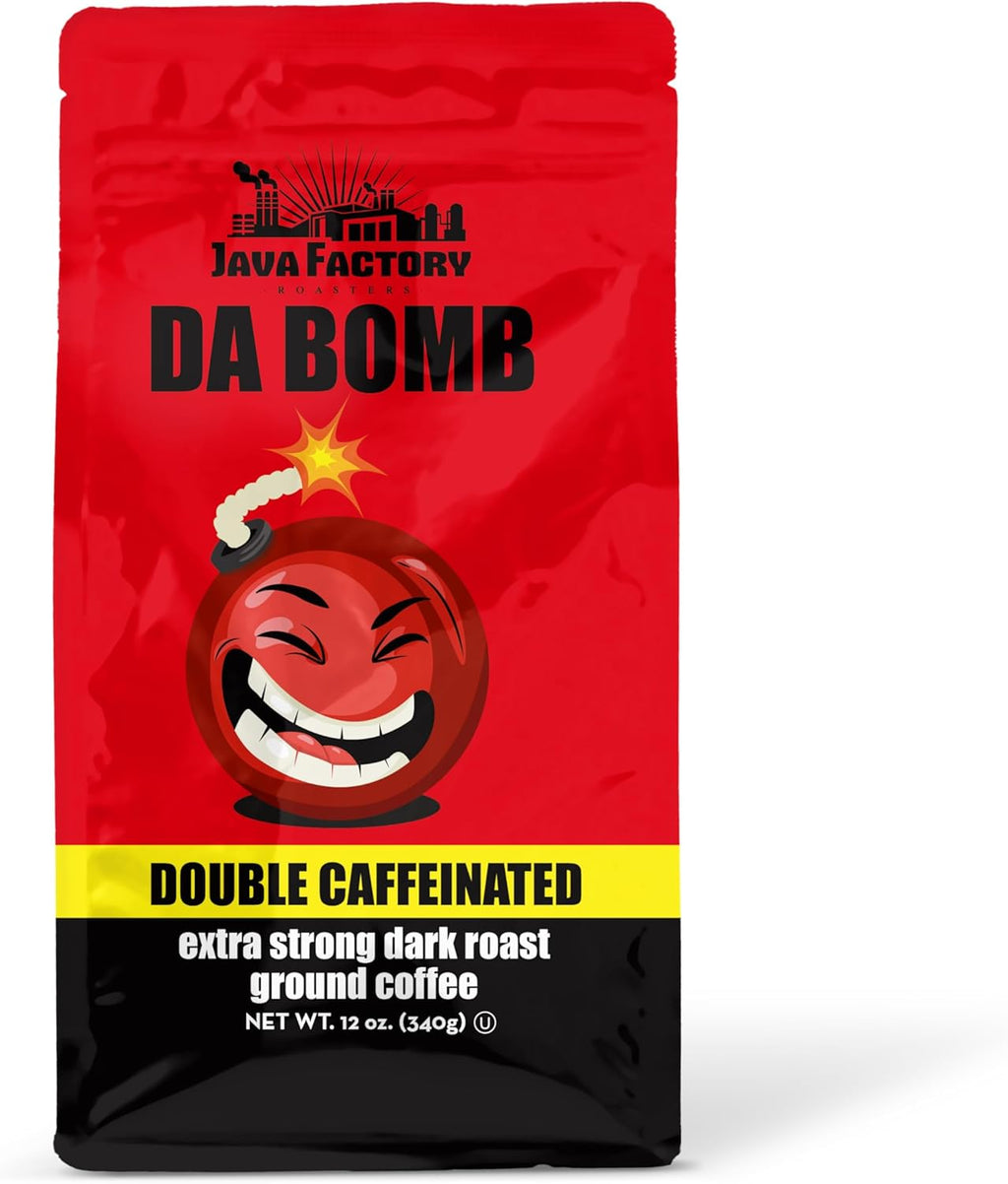 Java Factory High Caffeine Ground Coffee, Da Bomb Dark Roast, Double Caffeinated for a Bold, Strong Brew, 12 Ounce Bag, Perfect for French Press and Drip Coffee Makers