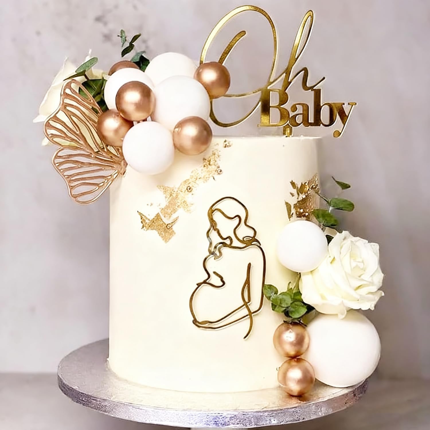 2 PCS Pregnant Lady Cake Topper Decoration Acrylic Pregnancy Oh Baby Cake Topper Gold Baby Shower Birthday Cake Decoration Mother's Day Party Supplies, A-PL03