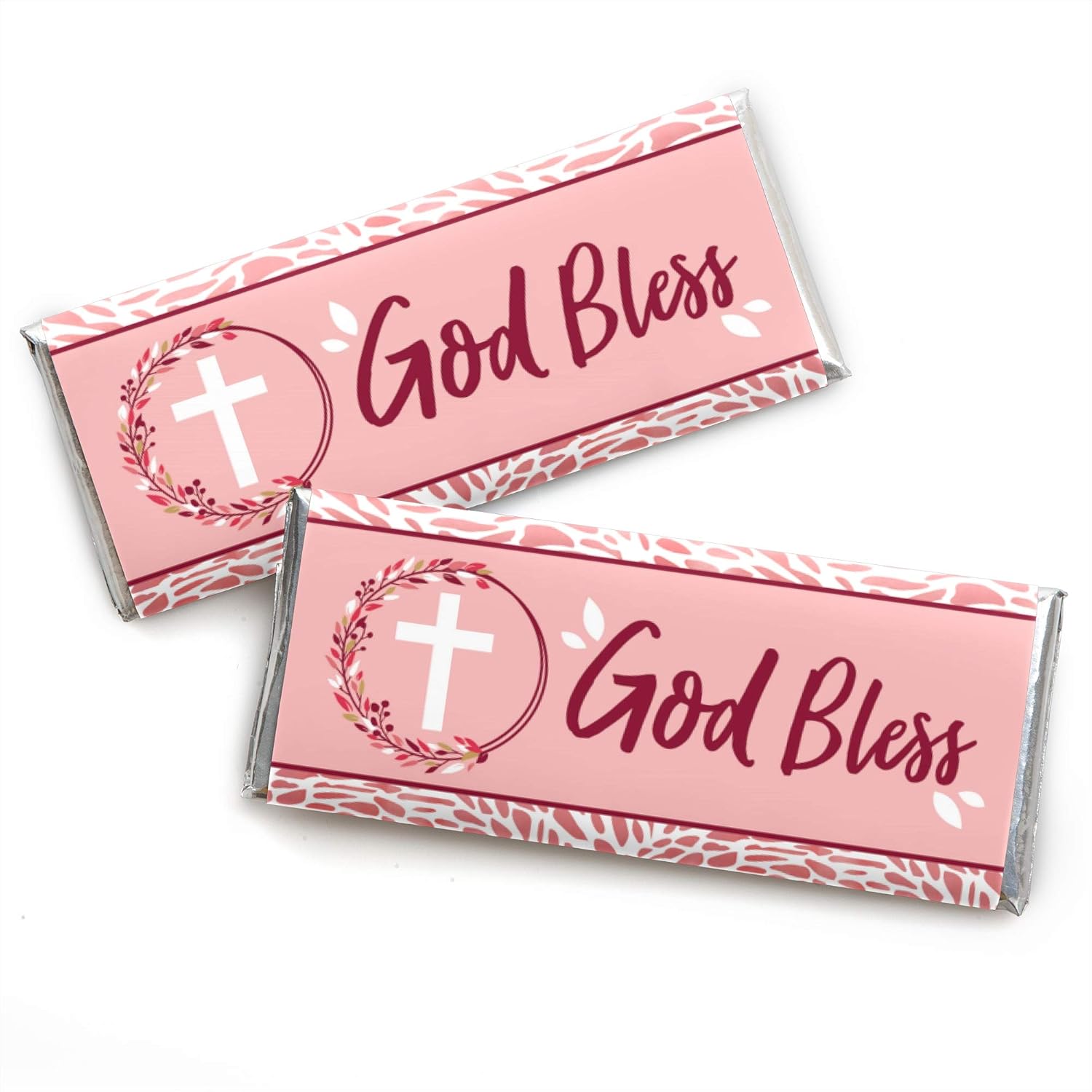 Big Dot of Happiness Pink Elegant Cross - Candy Bar Wrapper Girl Religious Party Favors - Set of 24
