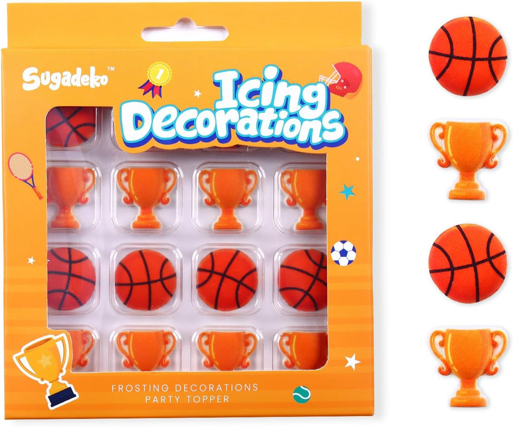 16 Sports Royal Icing Decorations with Basketball and Trophy, Edible Cupcake Decorations, Royal Icing Basketball Candy for Cake Toppers and Cupcake Toppers