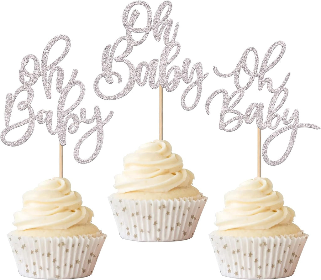 Rsstarxi 24 Pack Silver Glitter Oh Baby Cupcake Toppers Glitter Celebrating Baby Shower Cupcake Picks Baby Shower Cake Decorations for Boys Girls Birthday Party Supplies