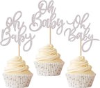 Rsstarxi 24 Pack Silver Glitter Oh Baby Cupcake Toppers Glitter Celebrating Baby Shower Cupcake Picks Baby Shower Cake Decorations for Boys Girls Birthday Party Supplies