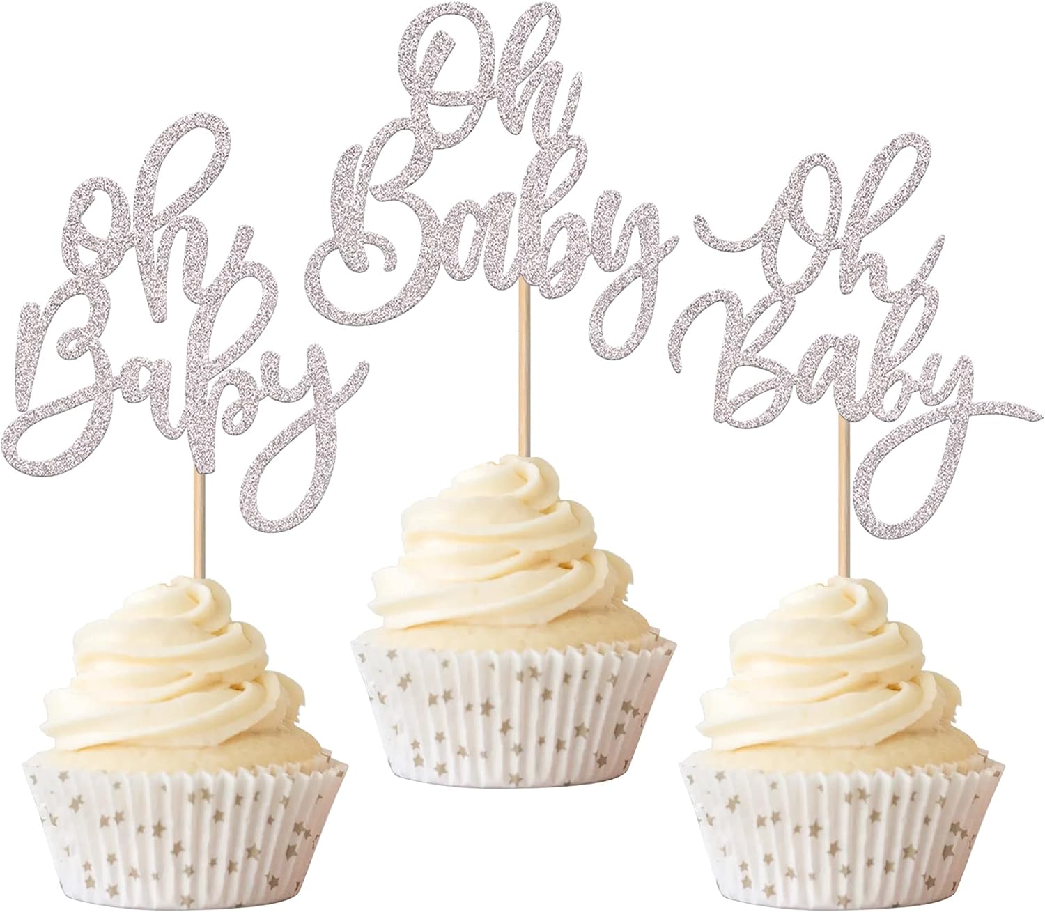 Rsstarxi 24 Pack Silver Glitter Oh Baby Cupcake Toppers Glitter Celebrating Baby Shower Cupcake Picks Baby Shower Cake Decorations for Boys Girls Birthday Party Supplies