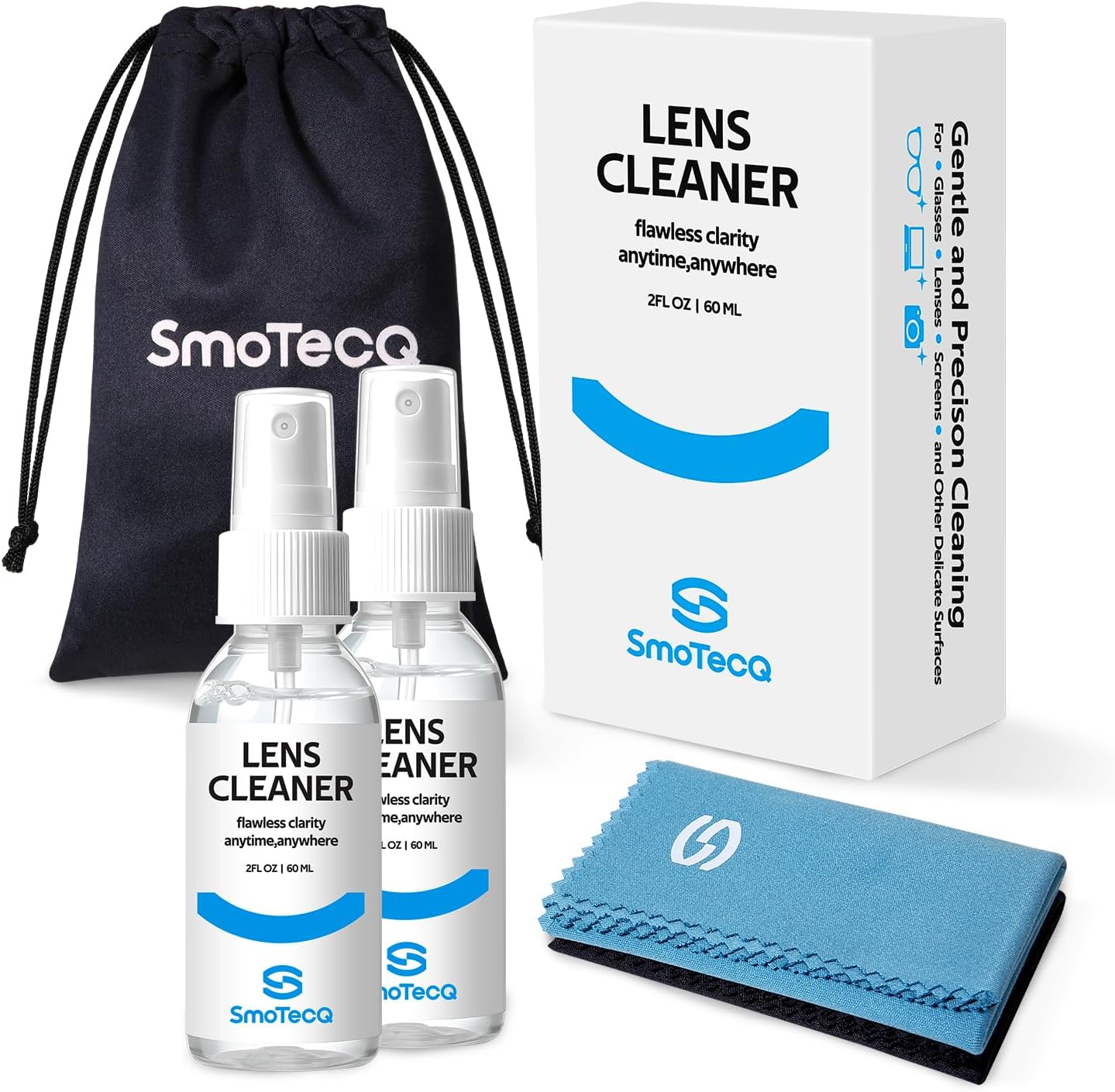 SmoTecQ Glasses Cleaner Kit – Alcohol-Free, Plant-Based Spray + Ultra-Soft Microfiber Cloths for Eyeglasses, Screens & Cameras – 2 x 2oz Spray Bottles + 2 Cloths + Travel Pouch Set