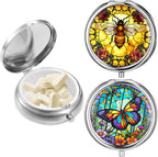 Sibba 2Pcs Portable Medicine Pill Case Moisture Proof Pocket Pill Organizer Dispenser Cute Compact Nice Tablet Box Bee&Butterfliy Medicine Pills Box Metal Pillbox with Mirror for Vitamins, Fish Oil