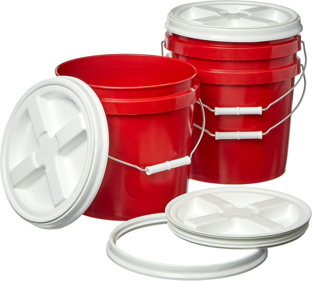 Consolidated Plastics 2 Gallon Food Grade Buckets & White Gamma Seal Lid, BPA Free Container Storage, Durable HDPE Pails, Made in USA (3 Pack, Red)