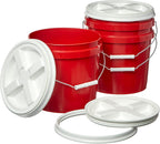 Consolidated Plastics 2 Gallon Food Grade Buckets & White Gamma Seal Lid, BPA Free Container Storage, Durable HDPE Pails, Made in USA (3 Pack, Red)