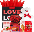 Valentines Day Gift Basket Set with Teddy (Red or White), Heart-Shaped Chocolates, Assorted Chocolates for Him or Her