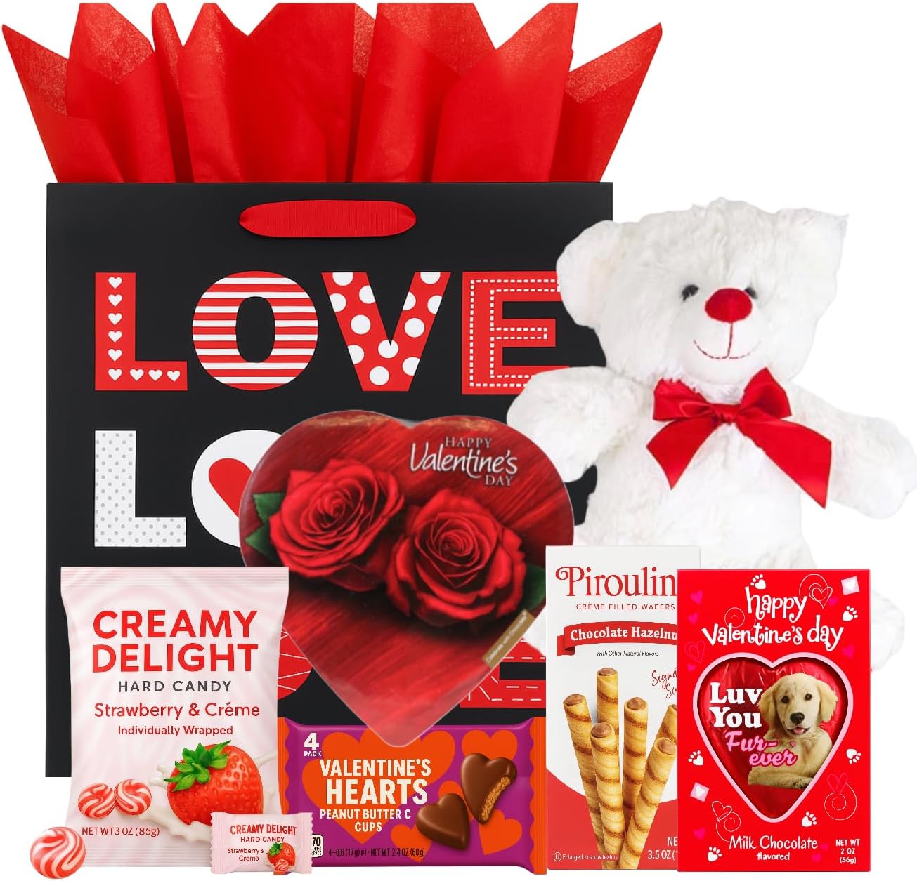 Valentines Day Gift Basket Set with Teddy (Red or White), Heart-Shaped Chocolates, Assorted Chocolates for Him or Her