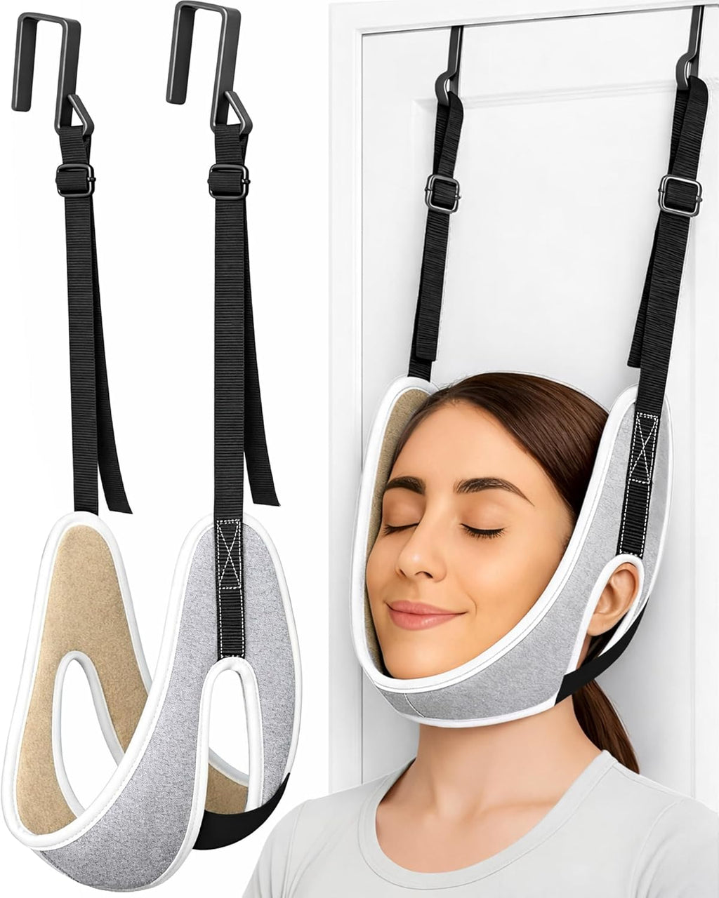 Upgraded Over-The-Door Cervical Neck Traction Device – Portable Adjustable Neck Stretcher for Neck Pain Relief, Spine Alignment & Posture Correction, Home Physical Therapy Kit, 330 lbs Support (Grey)