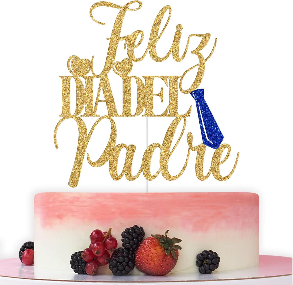 Feliz Dia Del Padre Cake Topper, Happy Father's Day Cake Topper, Feliz Dia Papa, Happy Father's Day Party Decorations Supplies (Gold Glitter)