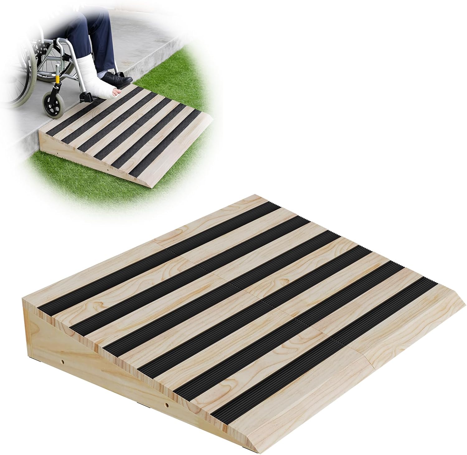 PAKASEPT 5.9" Wooden Threshold Ramp for Home Steps, Door Ramp with Non-Slip Grooves for Wheelchair/Walker/Cart/Scooter, 1100LBS Load Capacity