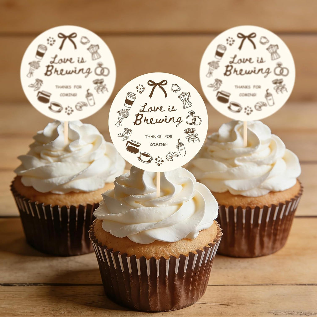JarThenaAMCS 24 Pcs Love is Brewing Cupcake Toppers Bridal Shower Cupcake Decorations Brown Coffee Cake Toppers for Wedding Birthday Bachelorette Party Decor Supplies
