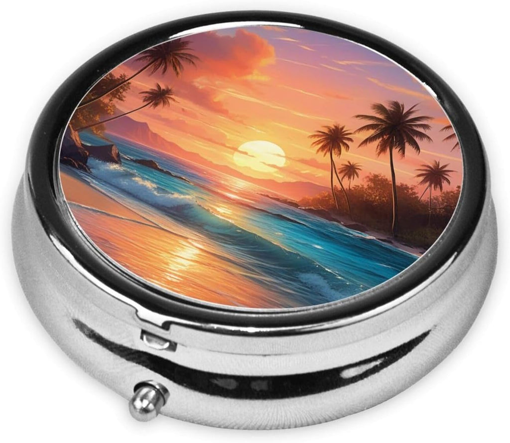 ZhongGuo Tropical Sunset Printed Pill Organizer,Round Travel Pill Organizer Mini Medicine Pill Box for Purse Iron Plating